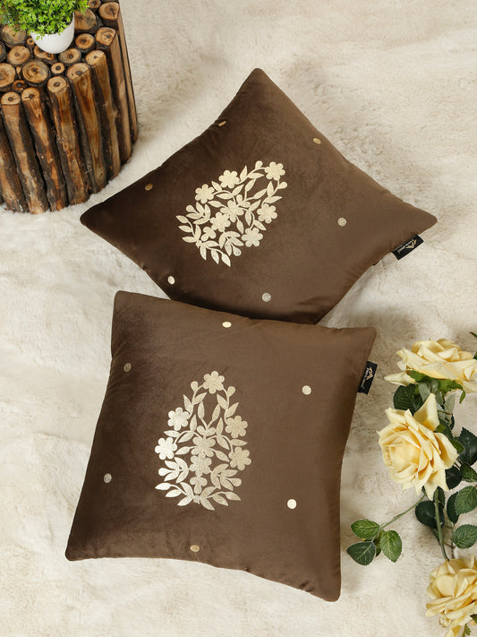 Gold-Toned Floral Velvet Square Cushion Covers 16X16 INCHES