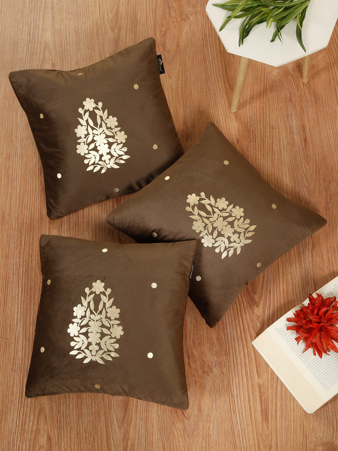 Gold-Toned Floral Velvet Square Cushion Covers 16X16 INCHES
