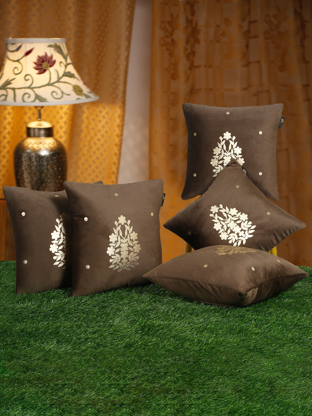 Gold-Toned Floral Velvet Square Cushion Covers 16X16 INCHES