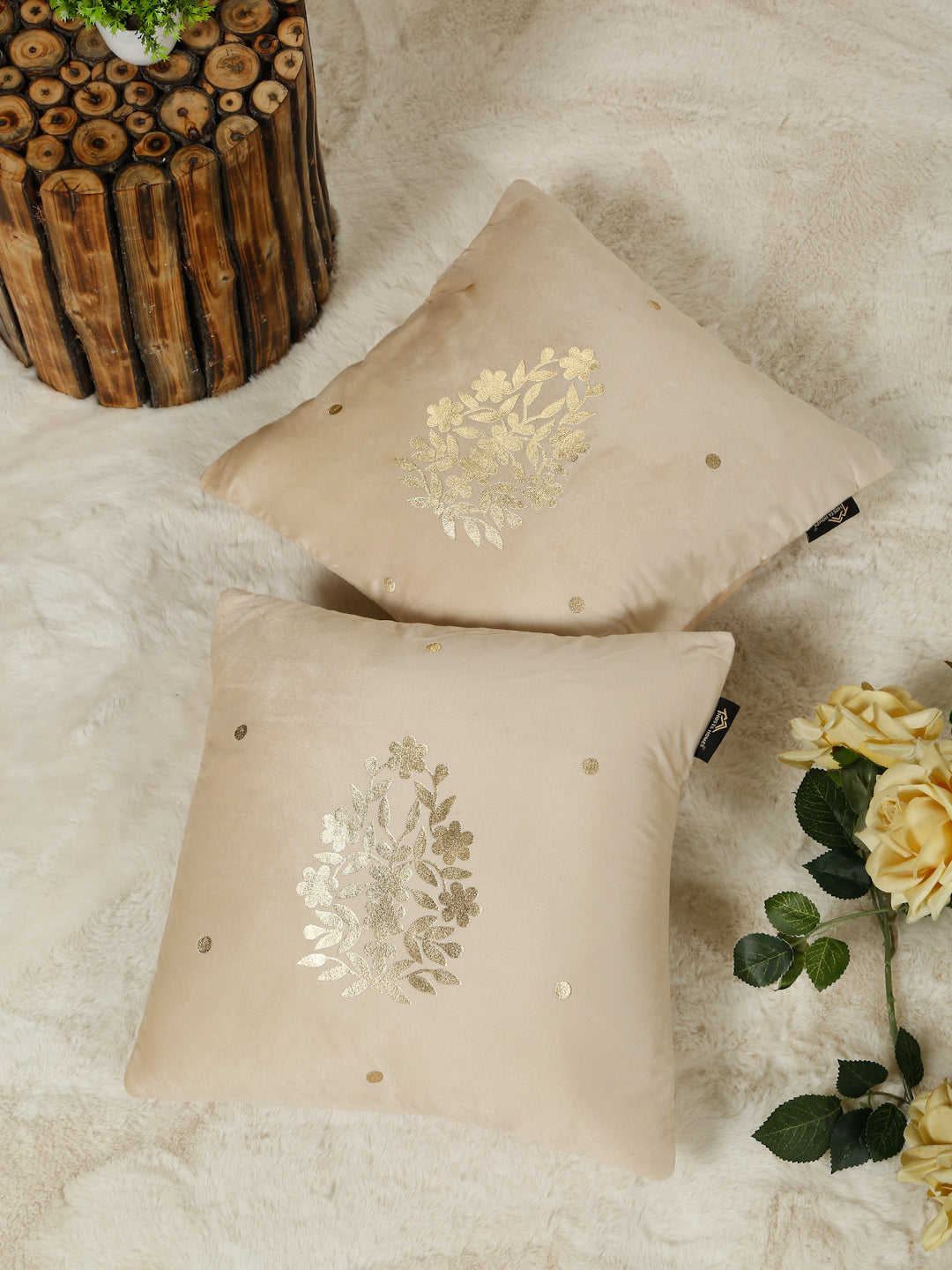 Gold-Toned Floral Velvet Square Cushion Covers 16X16 INCHES
