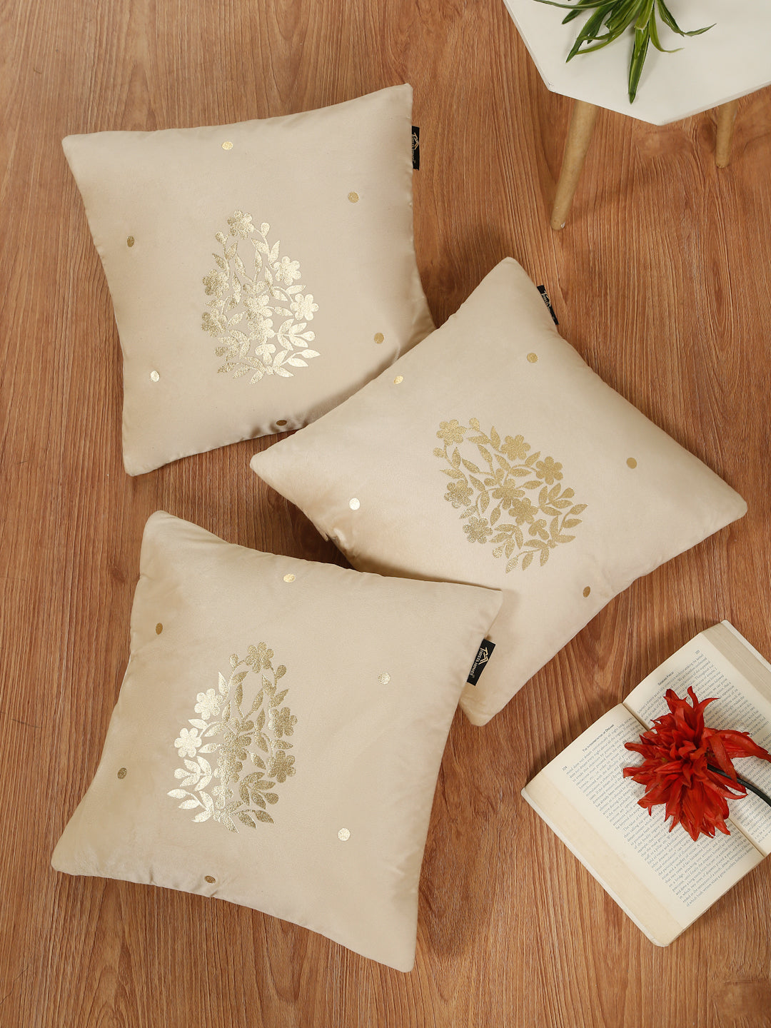 Gold-Toned Floral Velvet Square Cushion Covers 16X16 INCHES