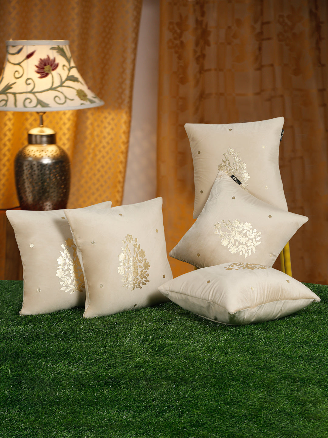 Gold-Toned Floral Velvet Square Cushion Covers 16X16 INCHES