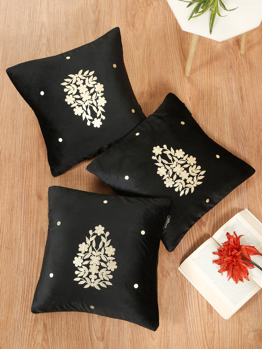 Gold-Toned Floral Velvet Square Cushion Covers 16X16 INCHES