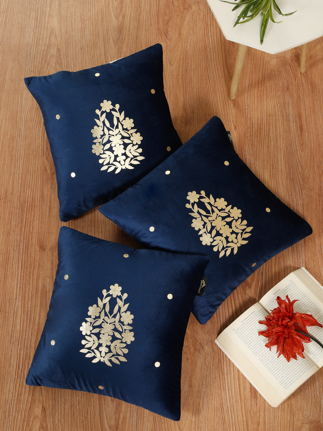 Gold-Toned Floral Velvet Square Cushion Covers 16X16 INCHES