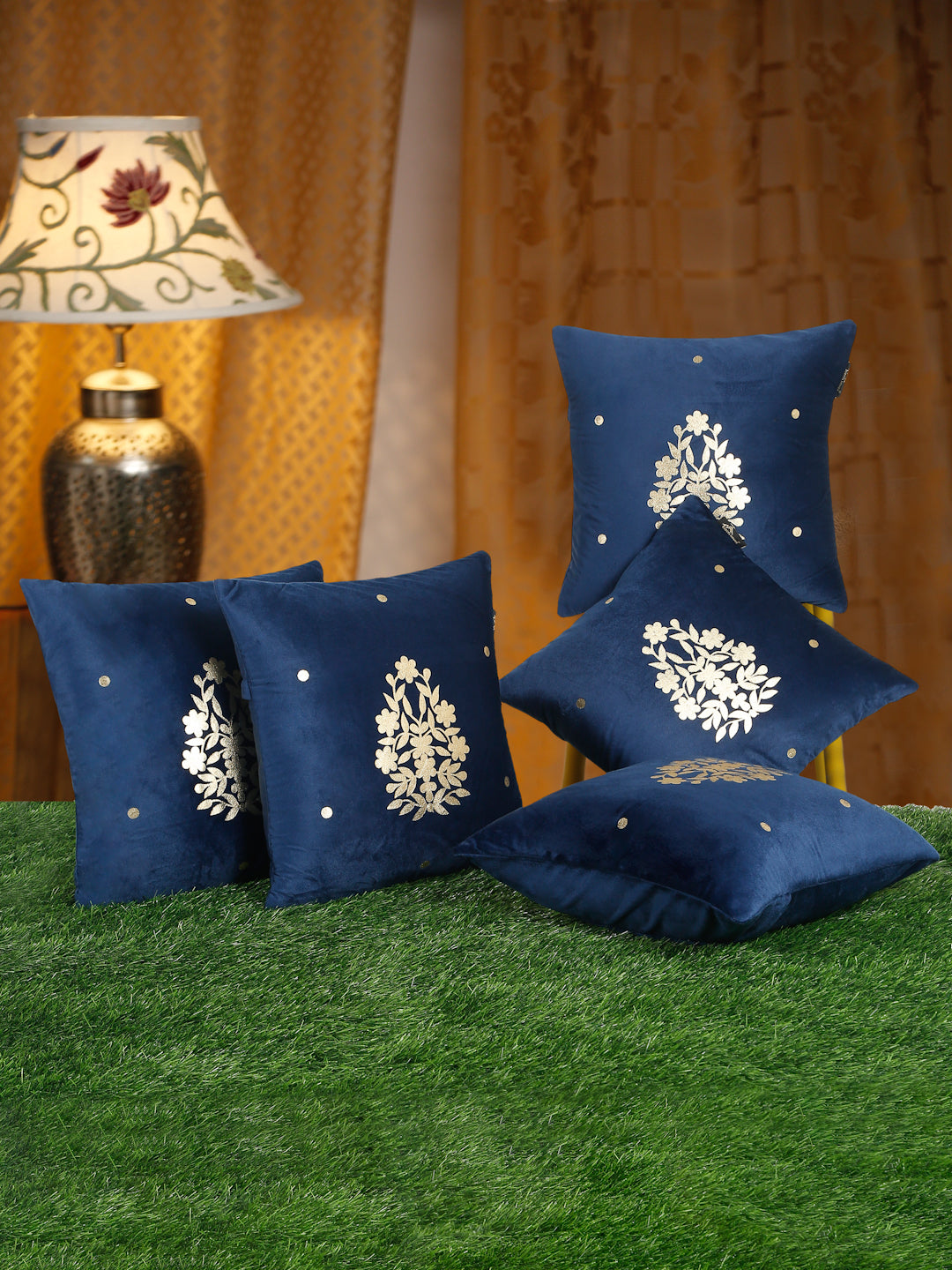 Gold-Toned Floral Velvet Square Cushion Covers 16X16 INCHES