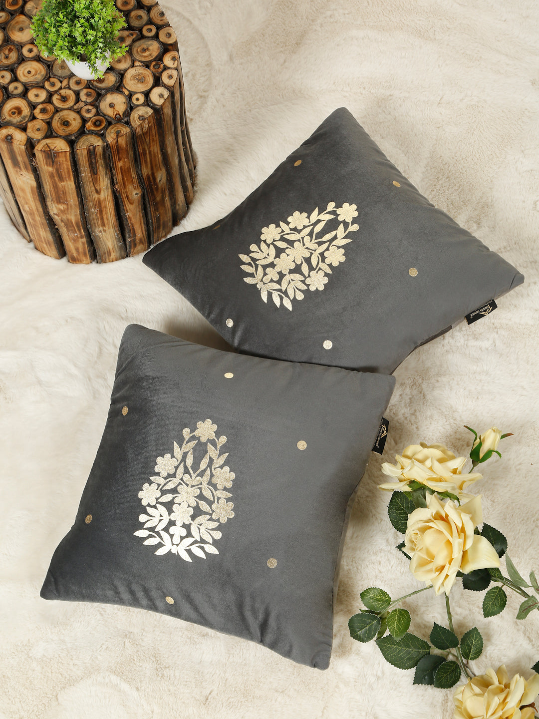 Gold-Toned Floral Velvet Square Cushion Covers 16X16 INCHES