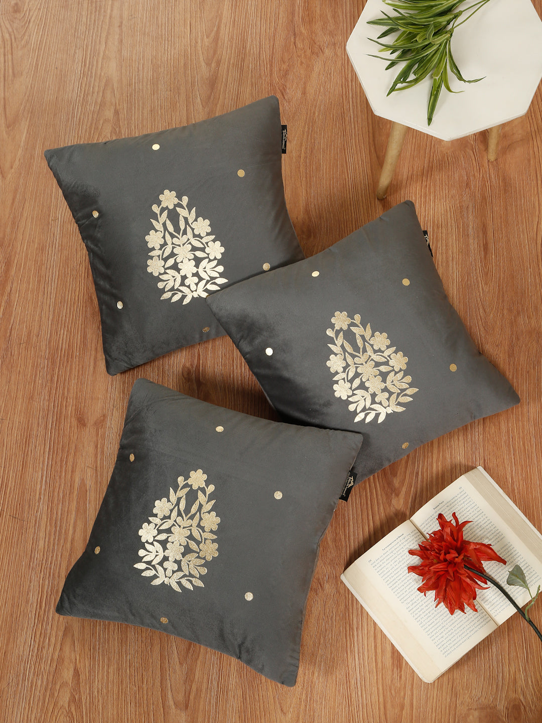 Gold-Toned Floral Velvet Square Cushion Covers 16X16 INCHES