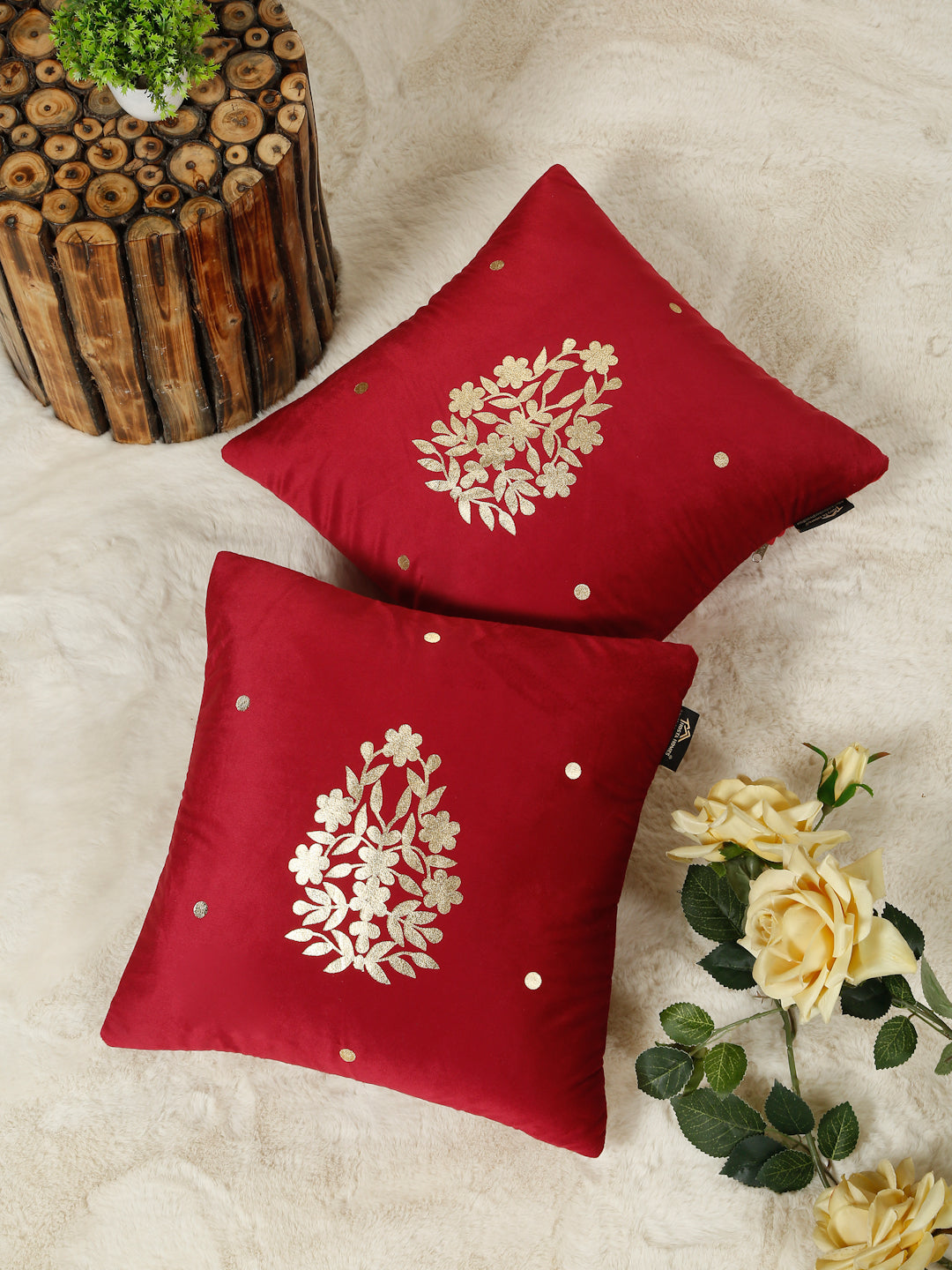 Gold-Toned Floral Velvet Square Cushion Covers 16X16 INCHES