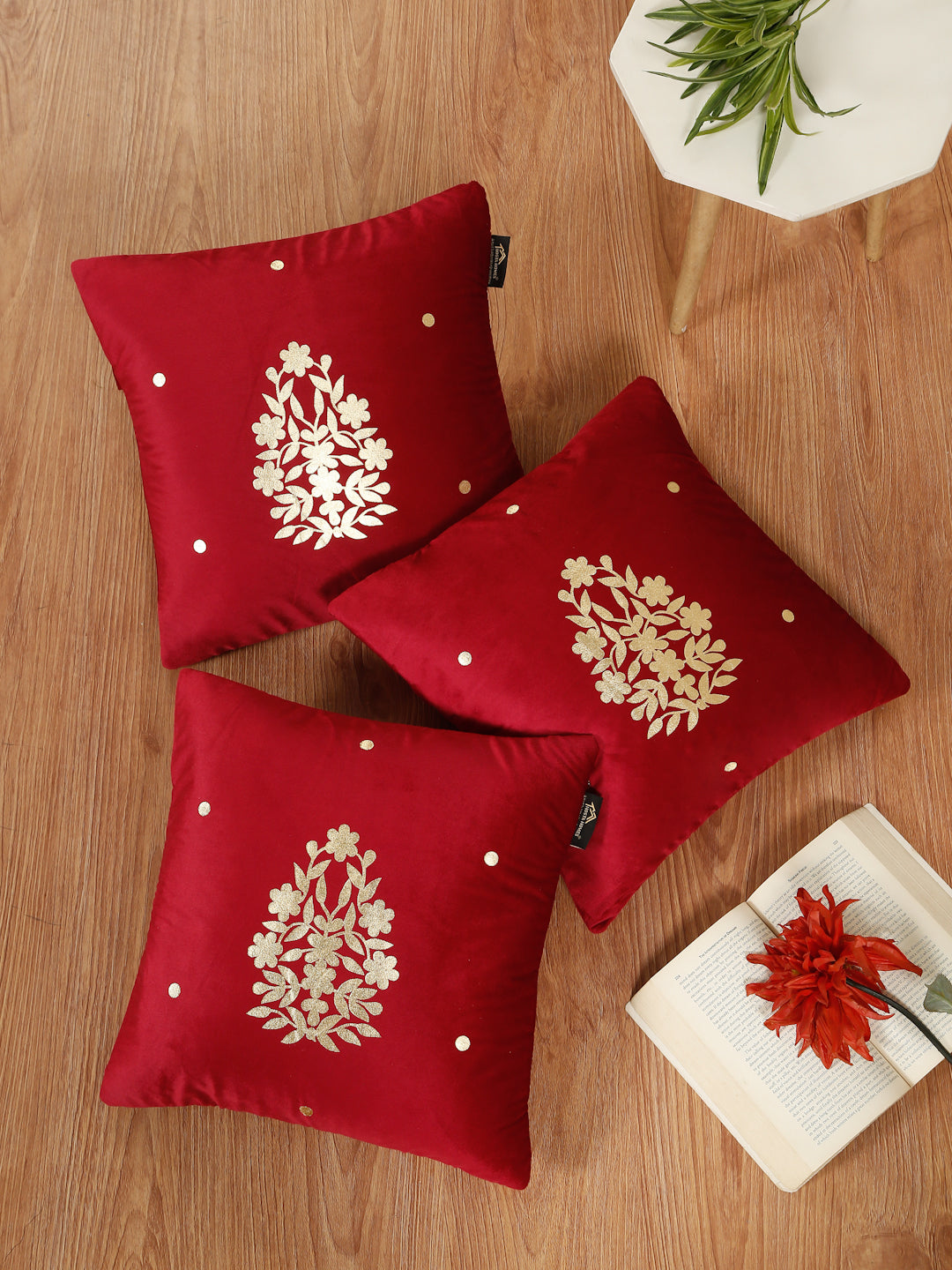 Gold-Toned Floral Velvet Square Cushion Covers 16X16 INCHES