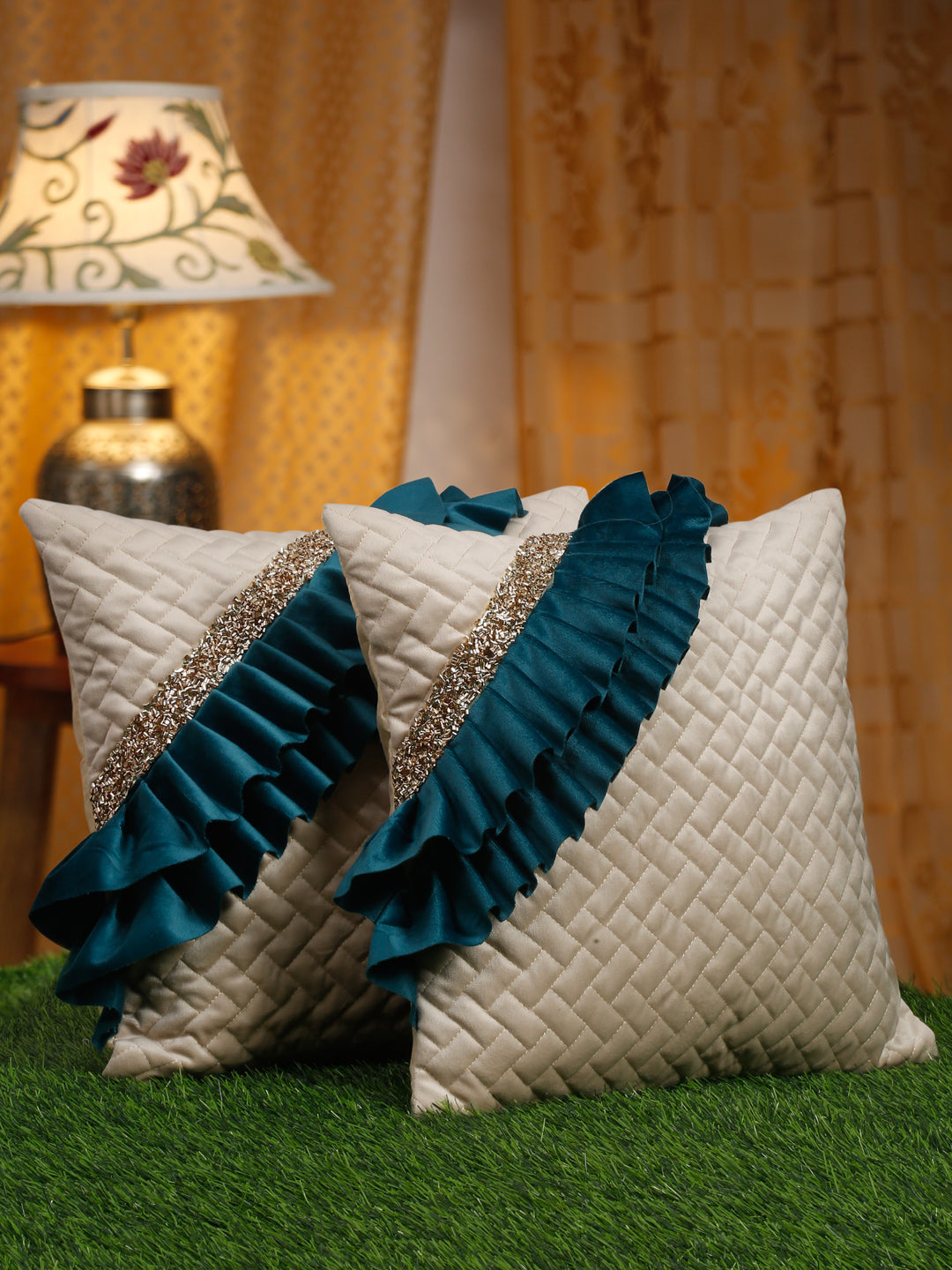 Quilted Velvet Frill Cushion Covers with Zipper