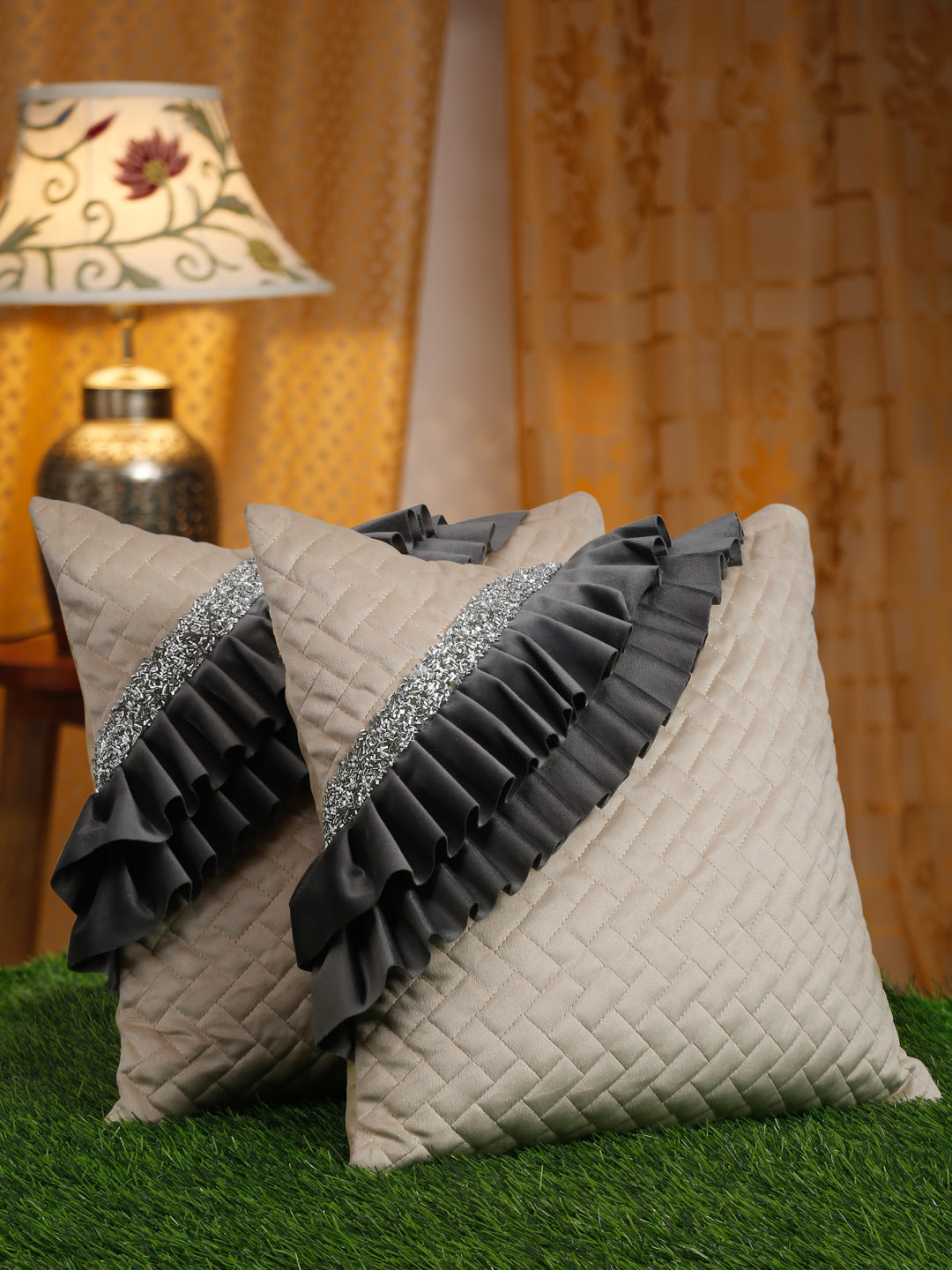 Quilted Velvet Frill Cushion Covers with Zipper