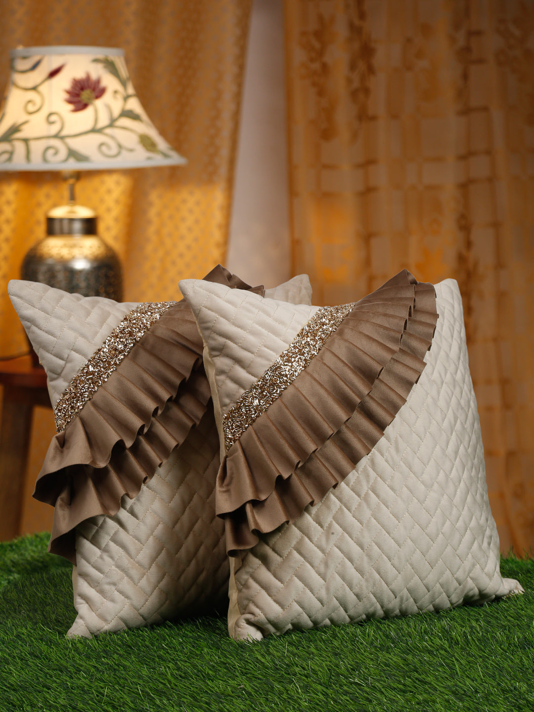 Quilted Velvet Frill Cushion Covers with Zipper