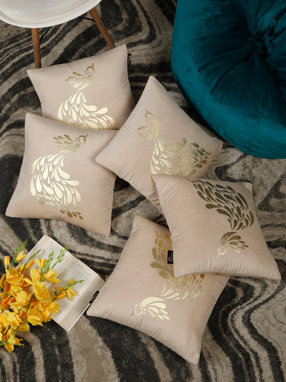 Cream-Coloured & Gold-Toned Set of 2 Floral Velvet Square Cushion Covers
