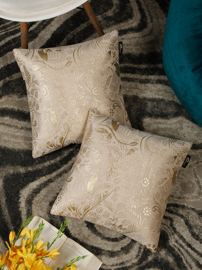 Cream-Coloured & Gold-Toned Set of 2 Floral Velvet Square Cushion Covers