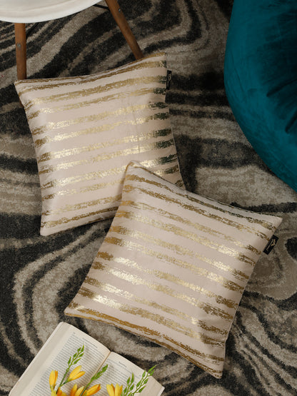 Cream-Coloured & Gold-Toned Set of 2 Floral Velvet Square Cushion Covers