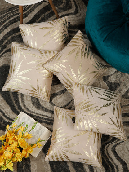 Cream-Coloured & Gold-Toned Set of 2 Floral Velvet Square Cushion Covers