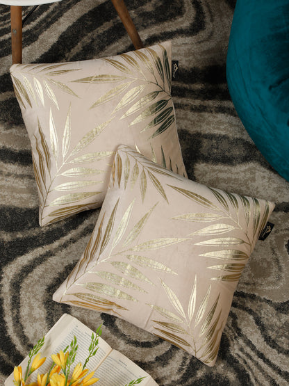 Cream-Coloured & Gold-Toned Set of 2 Floral Velvet Square Cushion Covers