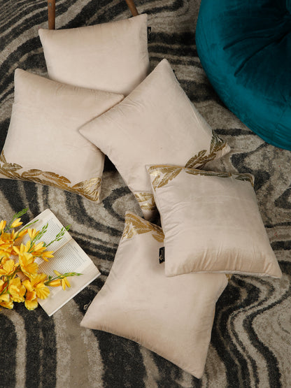 Cream-Coloured & Gold-Toned Set of 2 Floral Velvet Square Cushion Covers