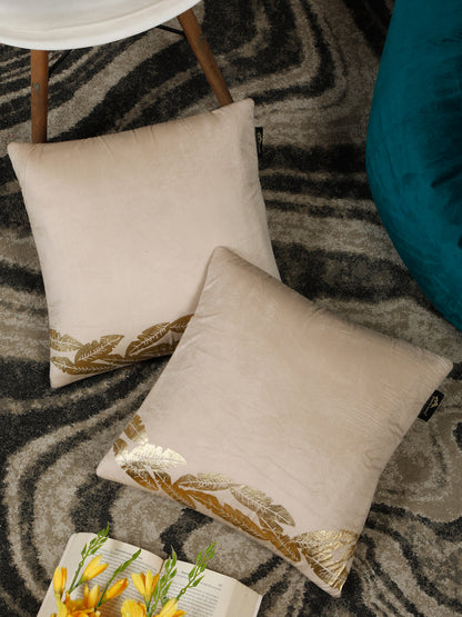 Cream-Coloured & Gold-Toned Set of 2 Floral Velvet Square Cushion Covers