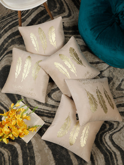 Cream-Coloured & Gold-Toned Set of 2 Floral Velvet Square Cushion Covers