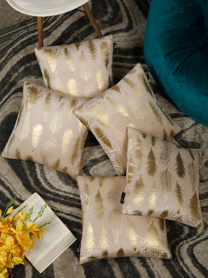 Cream-Coloured & Gold-Toned Set of 2 Floral Velvet Square Cushion Covers