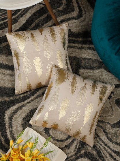 Cream-Coloured & Gold-Toned Set of 2 Floral Velvet Square Cushion Covers