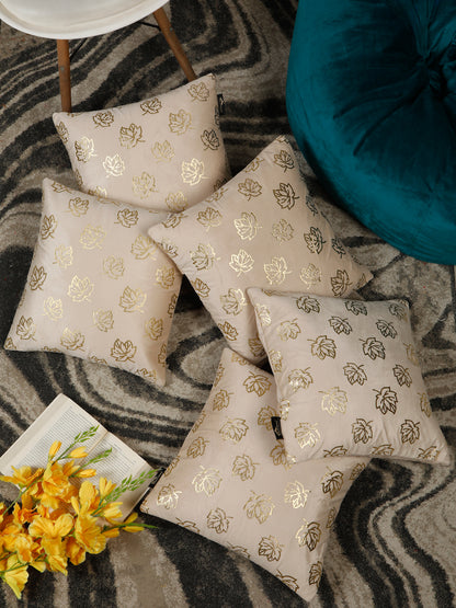 Cream-Coloured & Gold-Toned Set of 2 Floral Velvet Square Cushion Covers