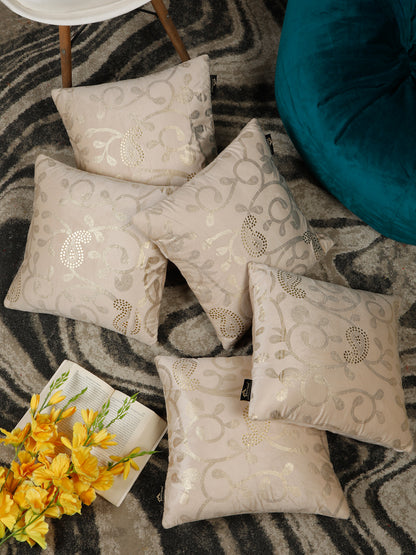 Cream-Coloured & Gold-Toned Set of 2 Floral Velvet Square Cushion Covers