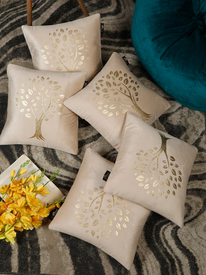 Cream-Coloured & Gold-Toned Set of 2 Floral Velvet Square Cushion Covers