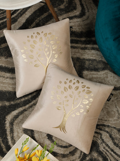 Cream-Coloured & Gold-Toned Set of 2 Floral Velvet Square Cushion Covers