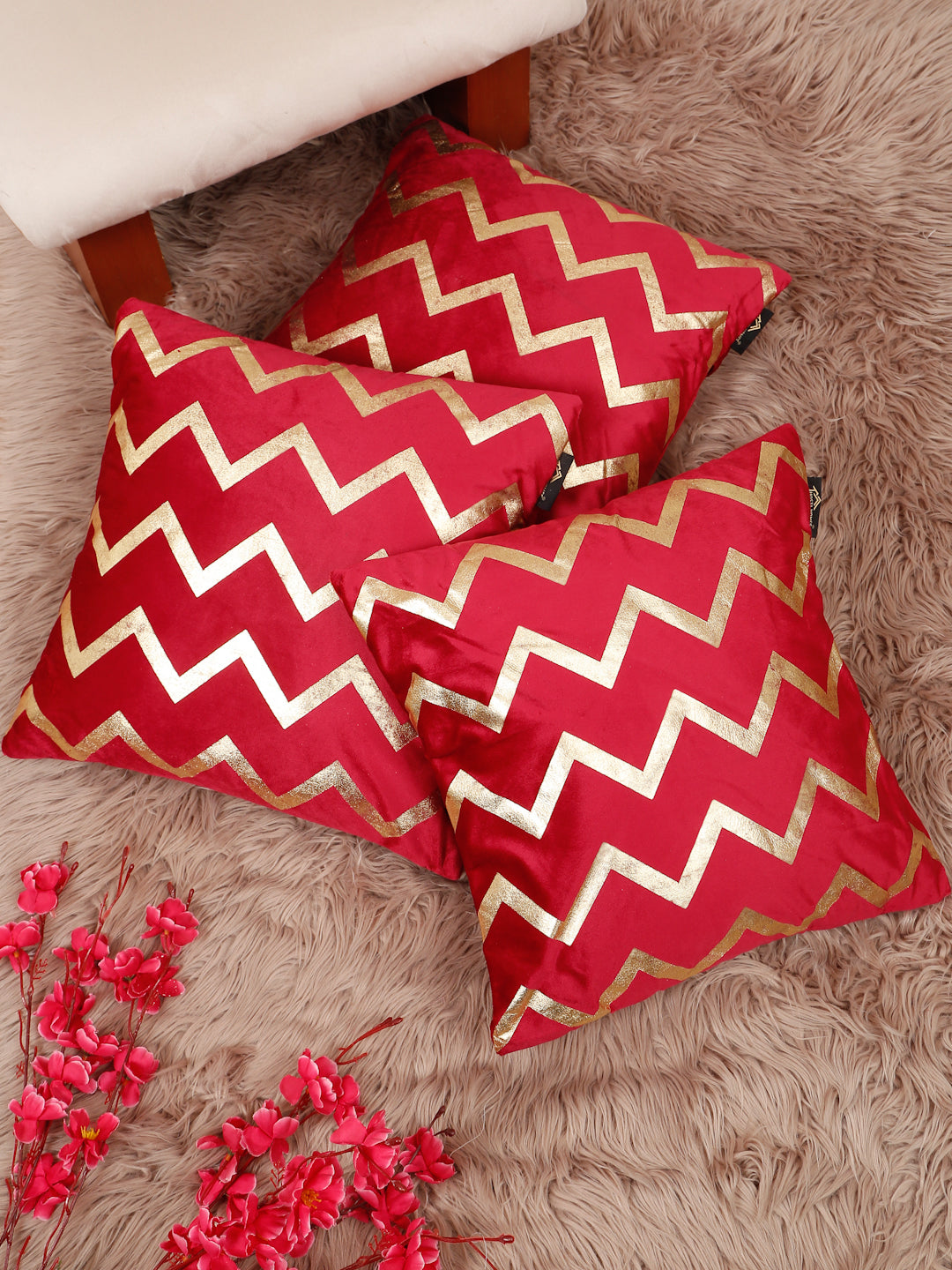 Zigzag Foil Printed Velvet Square Cushion Covers 16 X 16 INCHES
