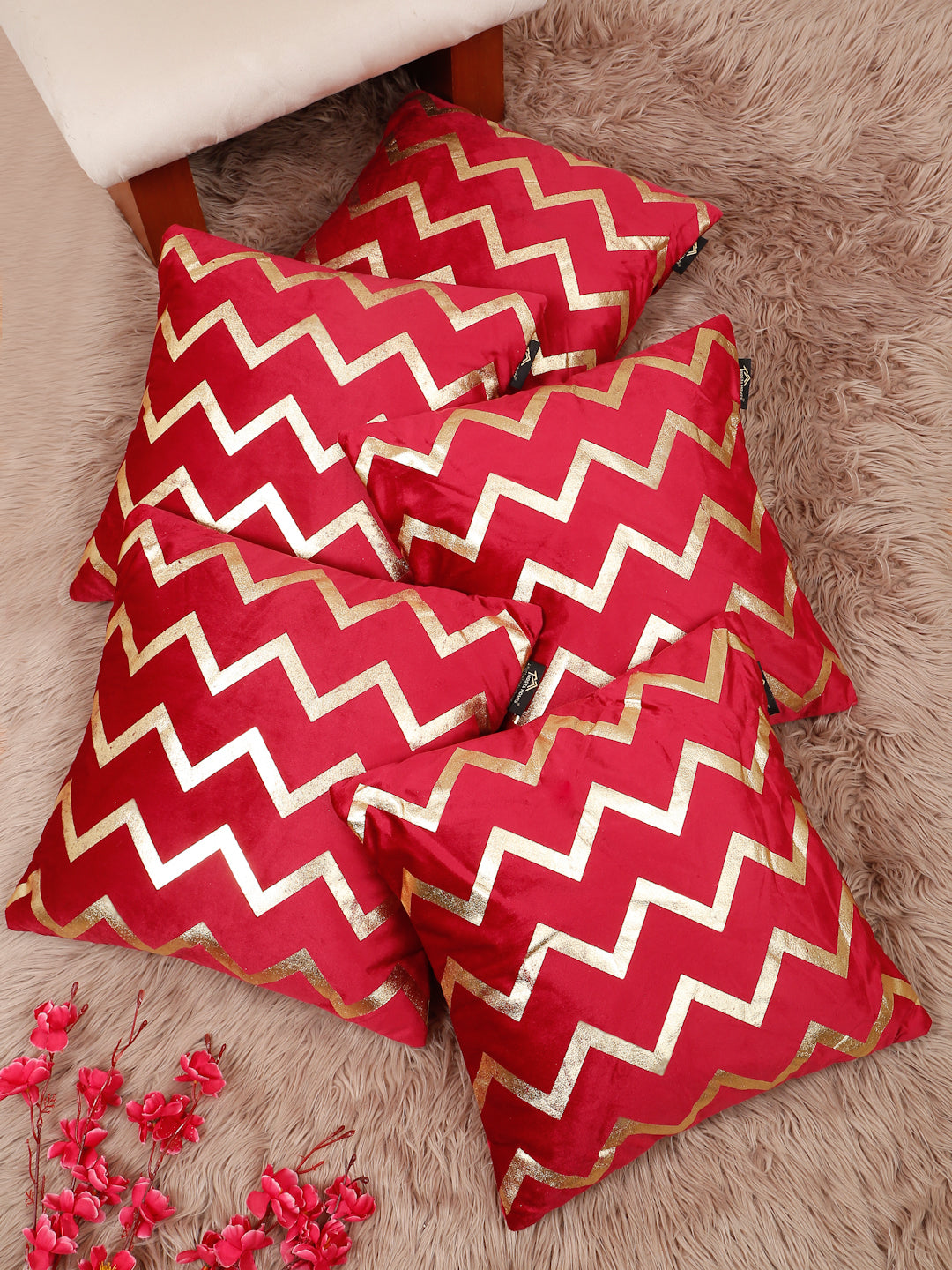 Zigzag Foil Printed Velvet Square Cushion Covers 16 X 16 INCHES