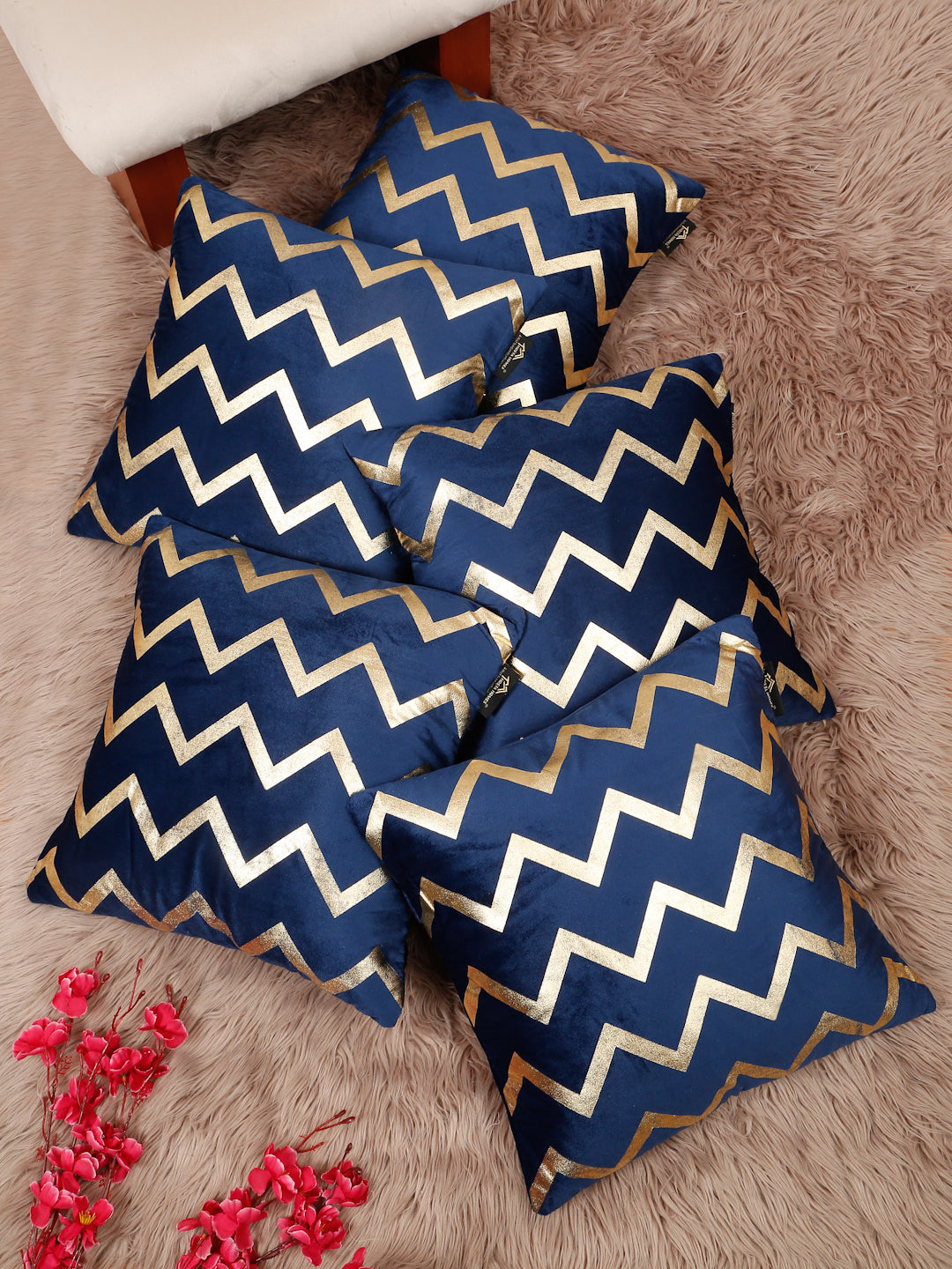 Zigzag Foil Printed Velvet Square Cushion Covers 16 X 16 INCHES