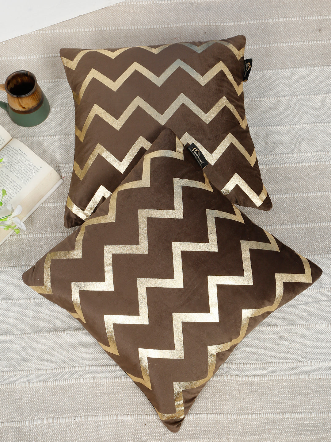 Zigzag Foil Printed Velvet Square Cushion Covers 16 X 16 INCHES