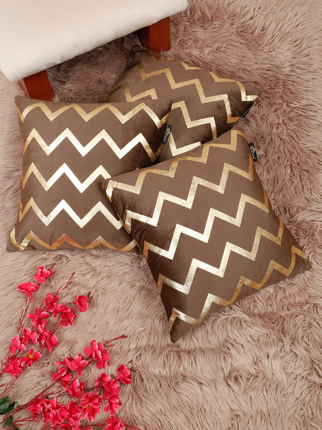 Zigzag Foil Printed Velvet Square Cushion Covers 16 X 16 INCHES