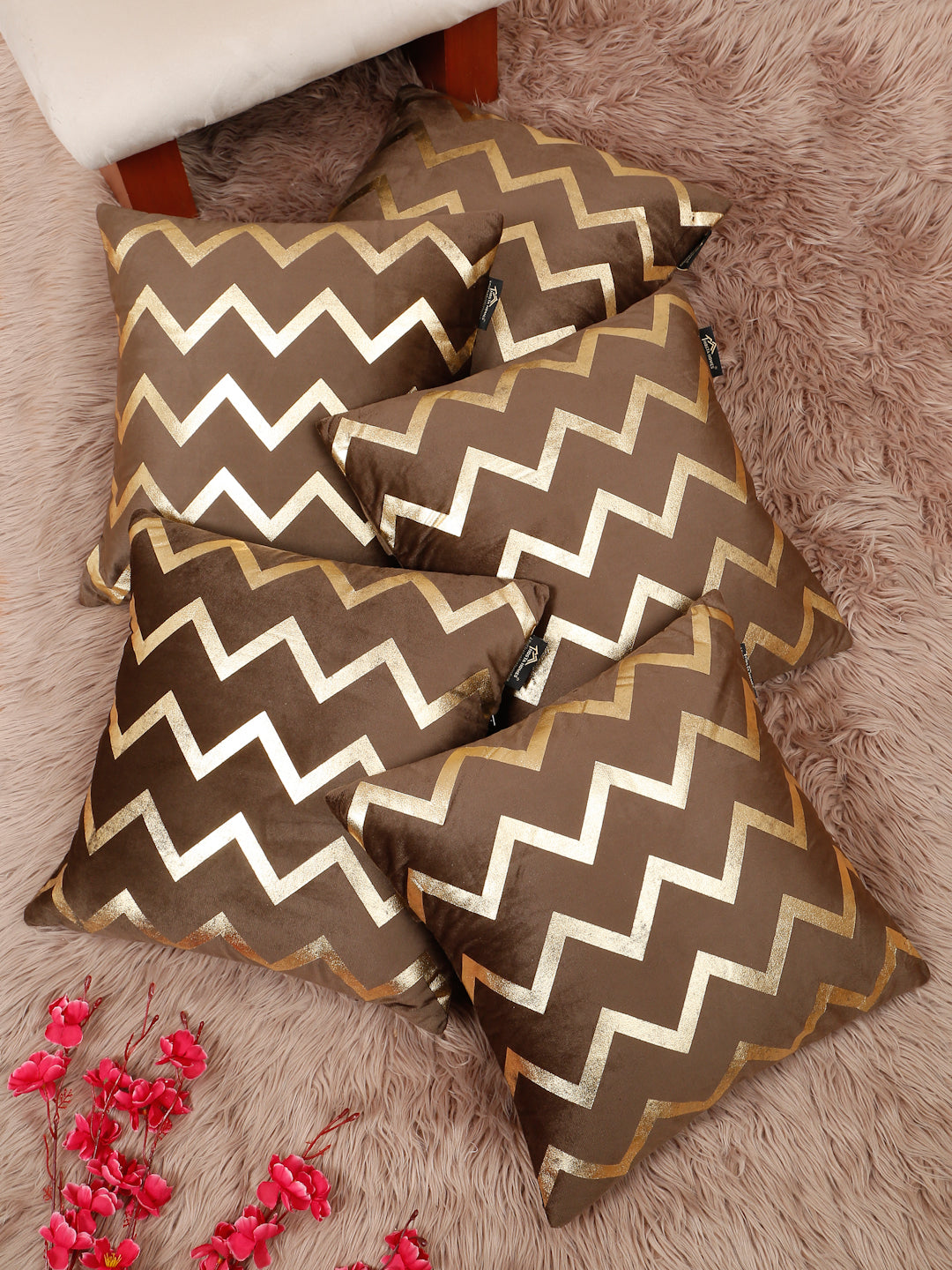 Zigzag Foil Printed Velvet Square Cushion Covers 16 X 16 INCHES
