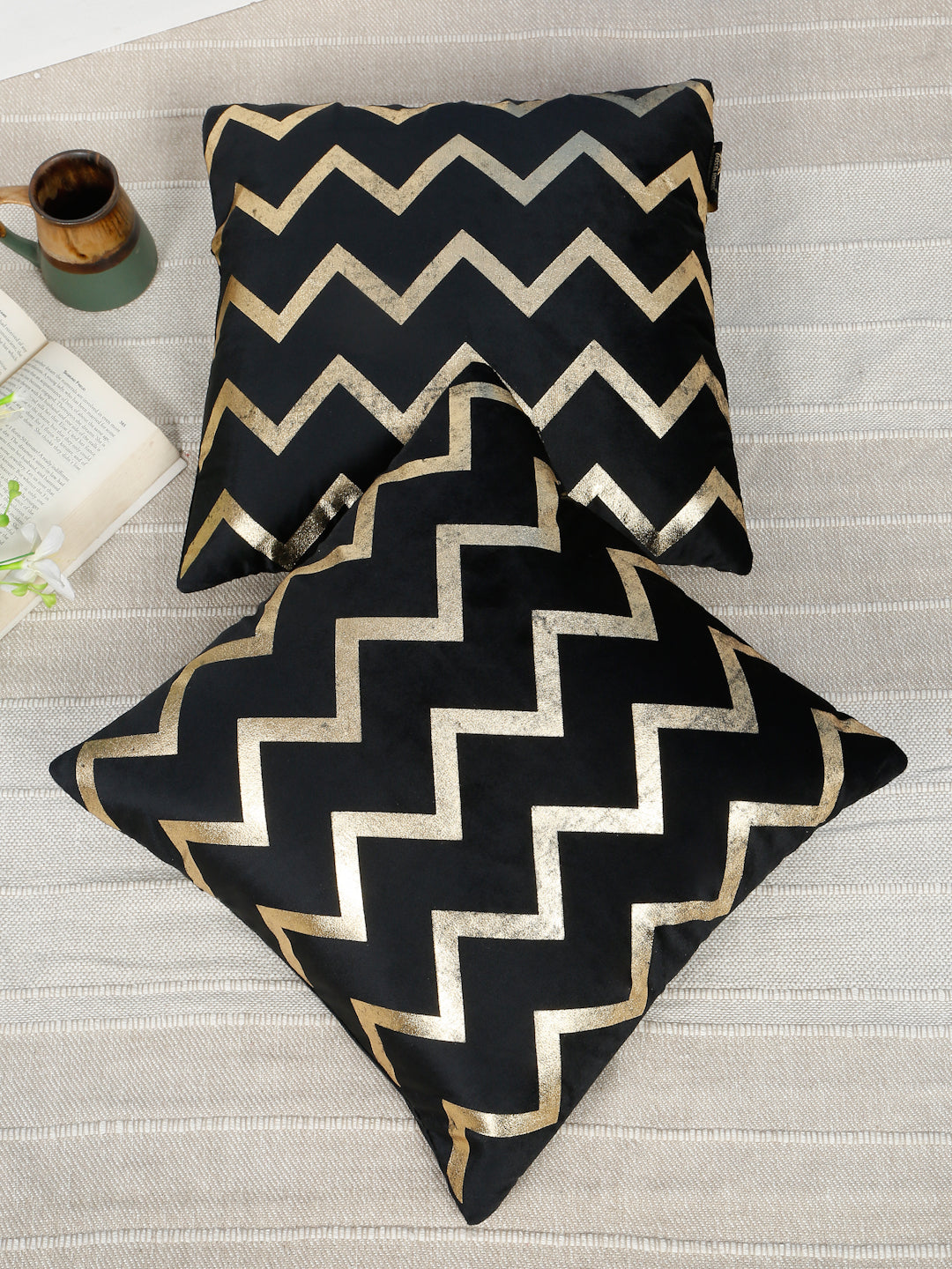Zigzag Foil Printed Velvet Square Cushion Covers 16 X 16 INCHES