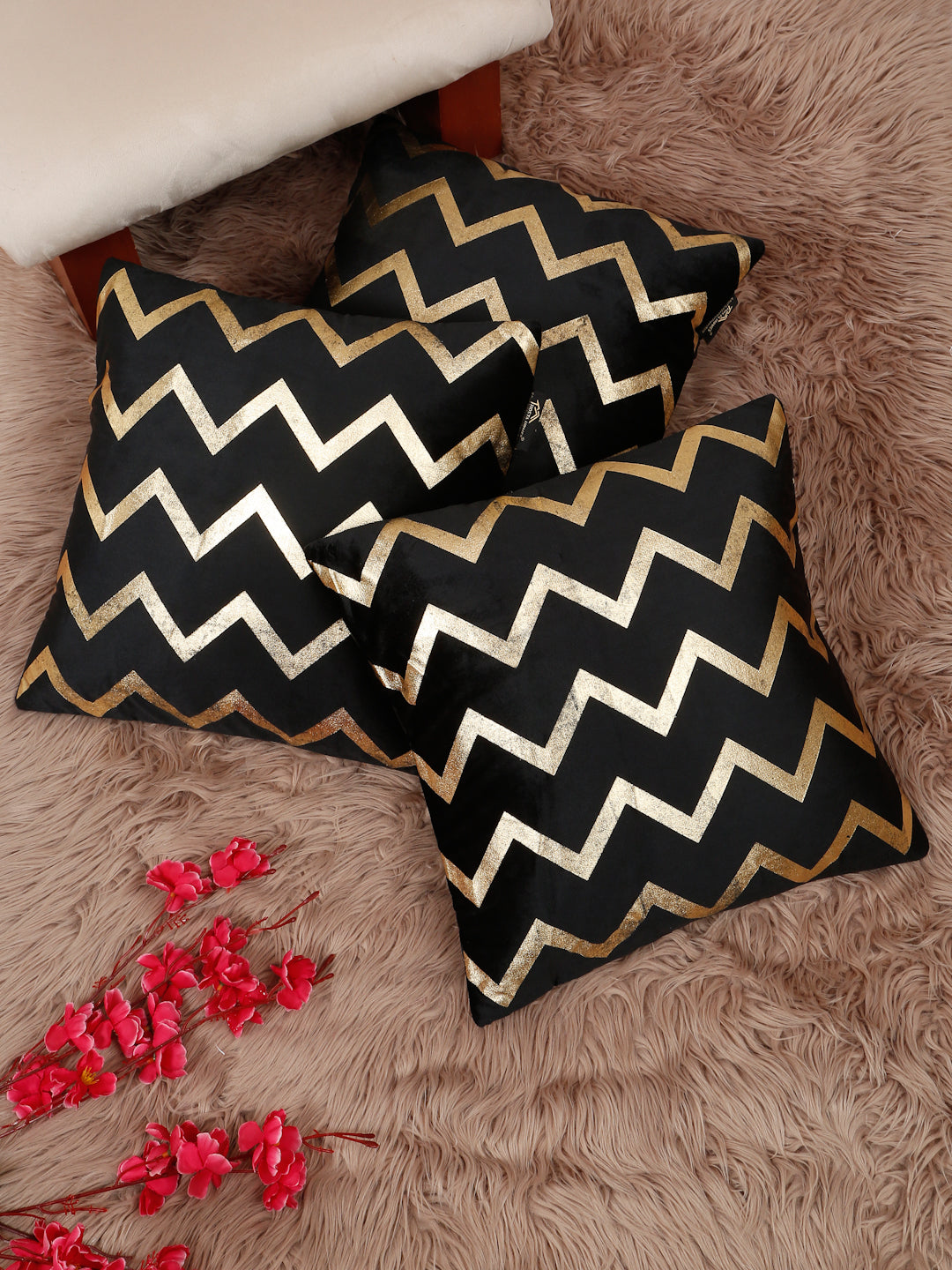 Zigzag Foil Printed Velvet Square Cushion Covers 16 X 16 INCHES