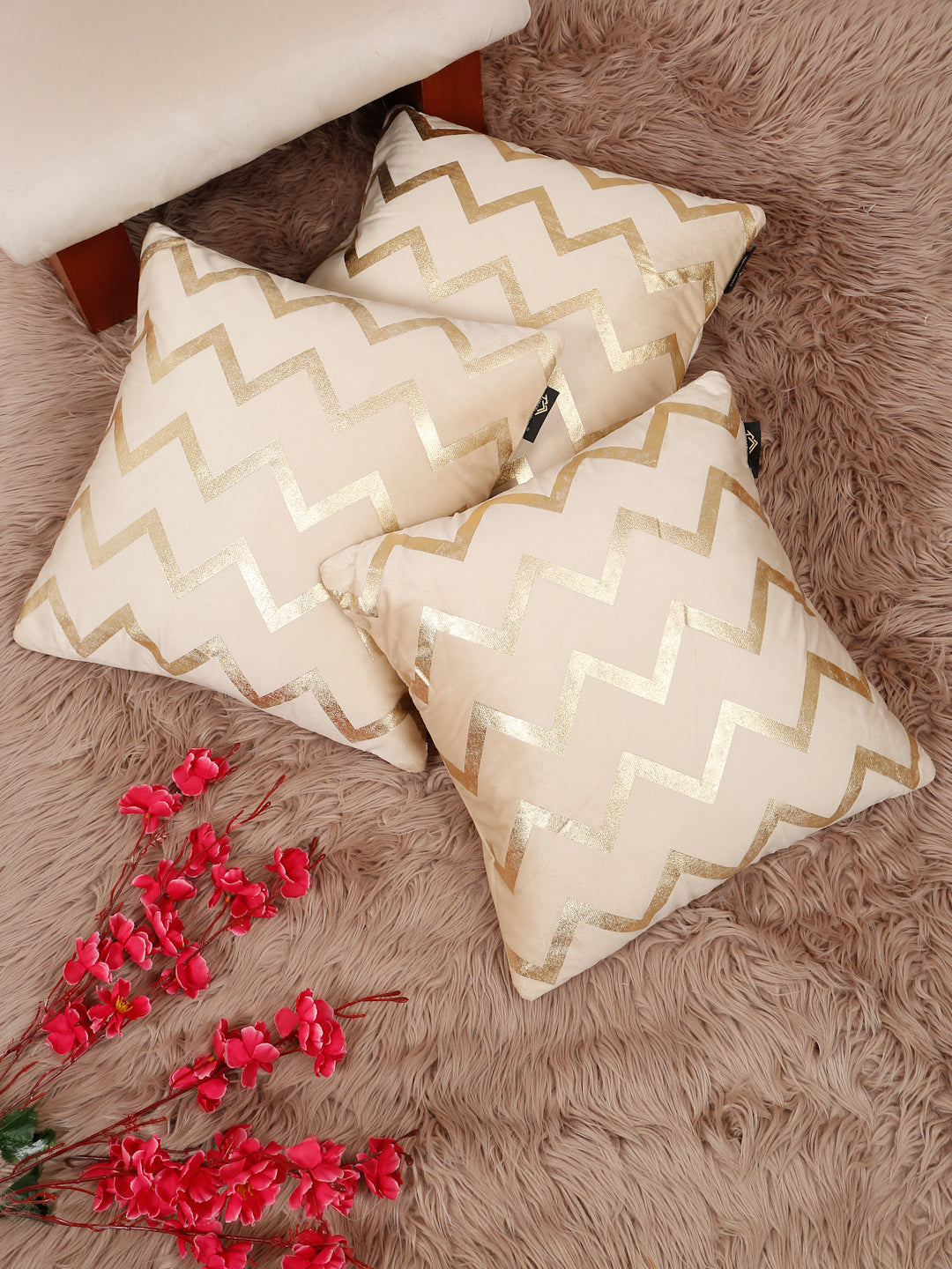 Zigzag Foil Printed Velvet Square Cushion Covers 16 X 16 INCHES