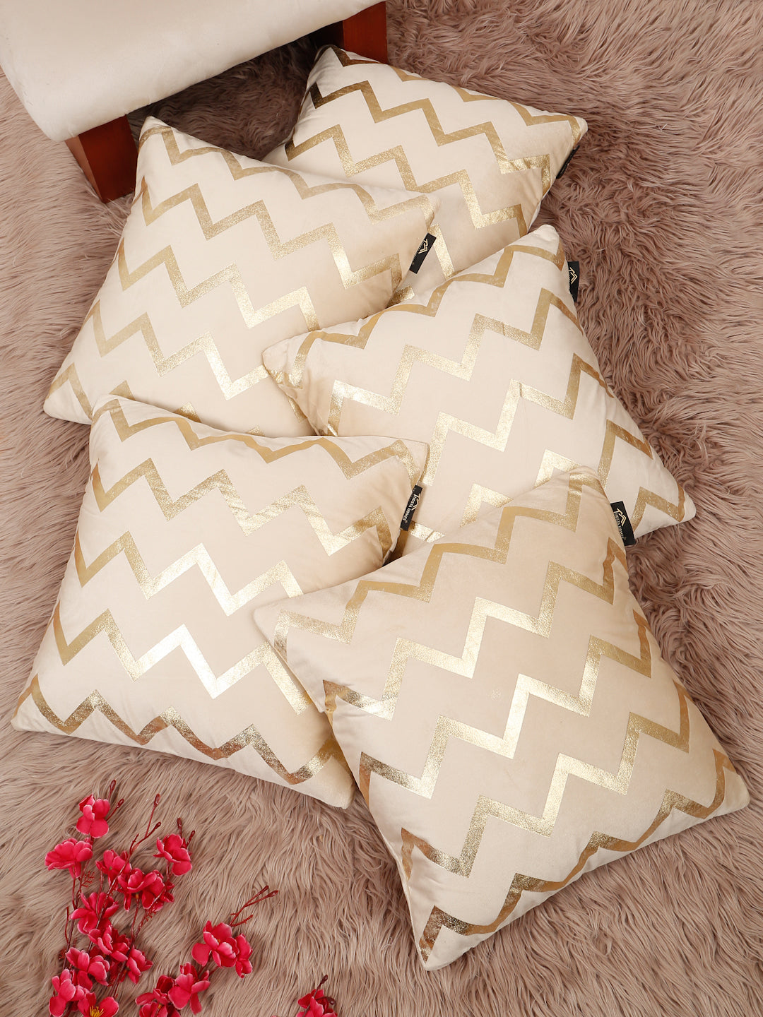 Zigzag Foil Printed Velvet Square Cushion Covers 16 X 16 INCHES