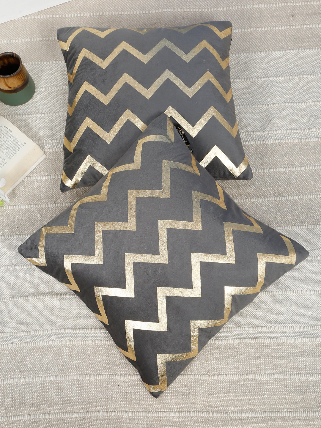 Zigzag Foil Printed Velvet Square Cushion Covers 16 X 16 INCHES