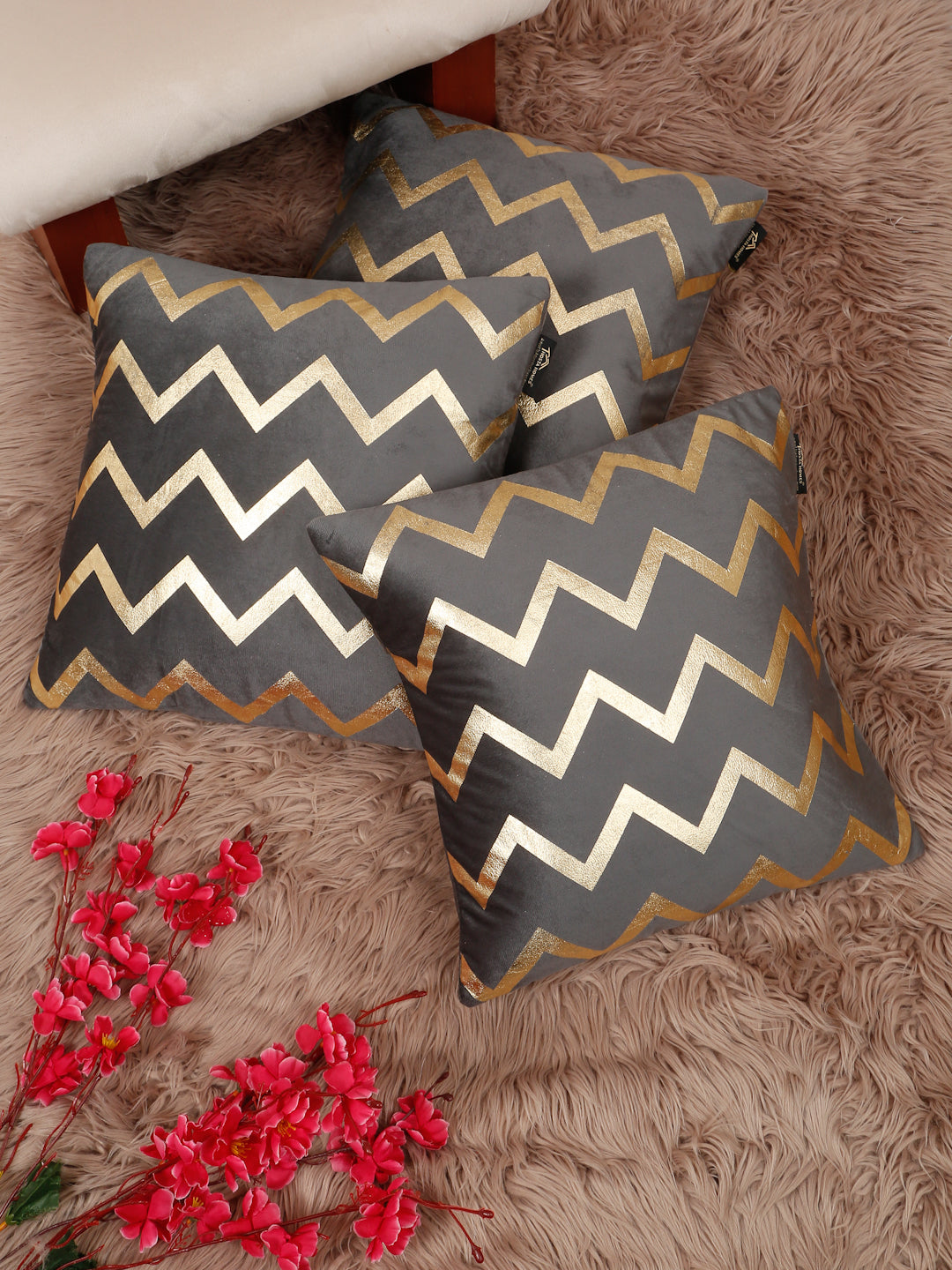 Zigzag Foil Printed Velvet Square Cushion Covers 16 X 16 INCHES