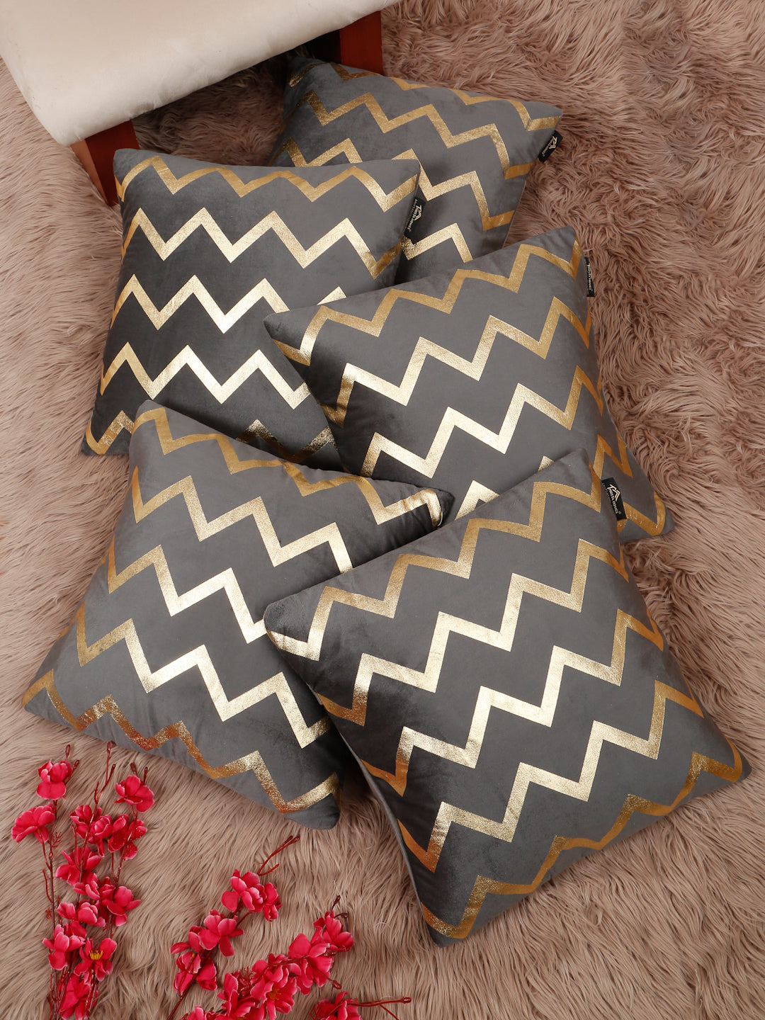 Zigzag Foil Printed Velvet Square Cushion Covers 16 X 16 INCHES