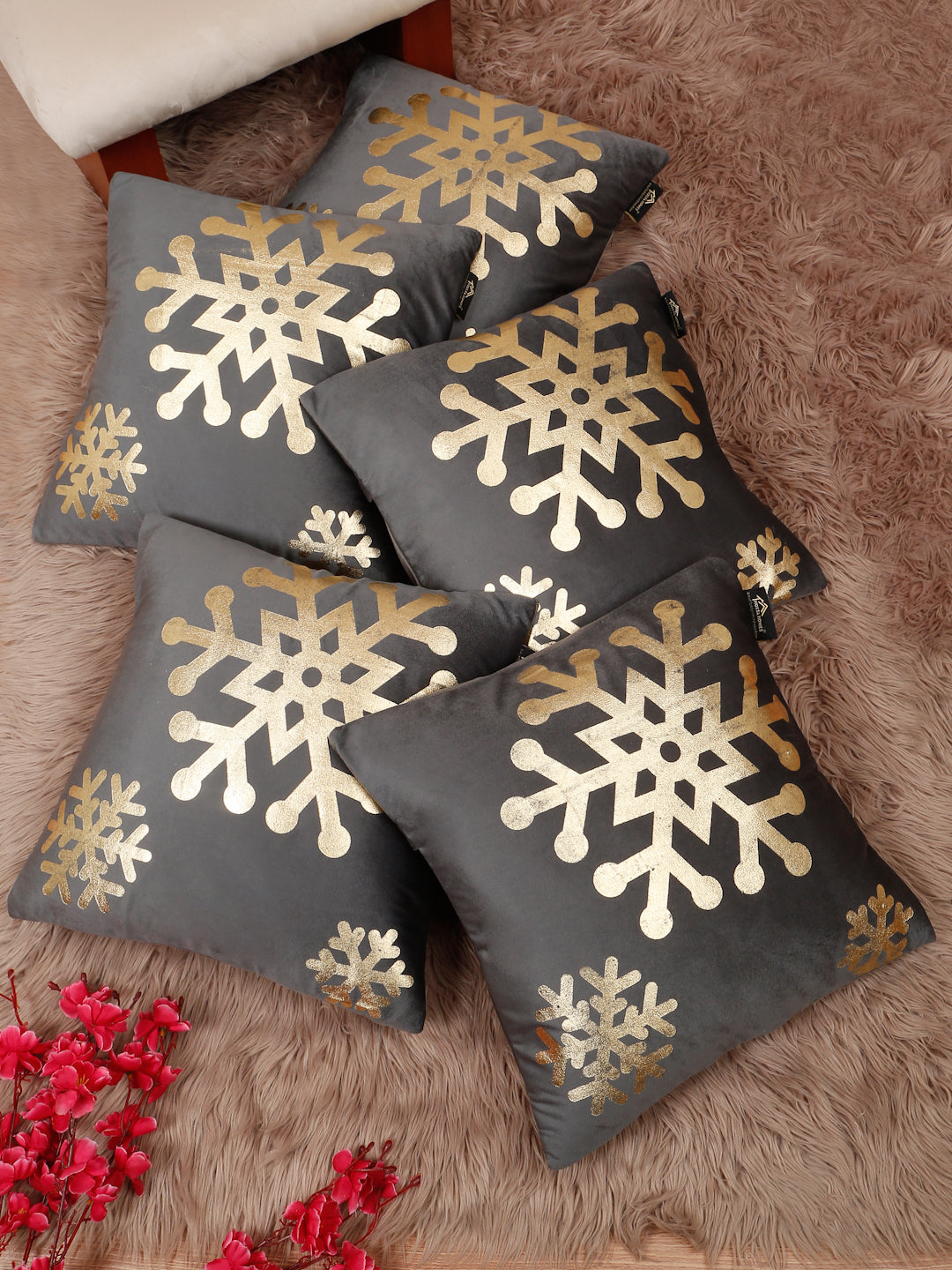 Abstract Floral Foil Printed Velvet Square Cushion Covers 16 X 16 INCHES