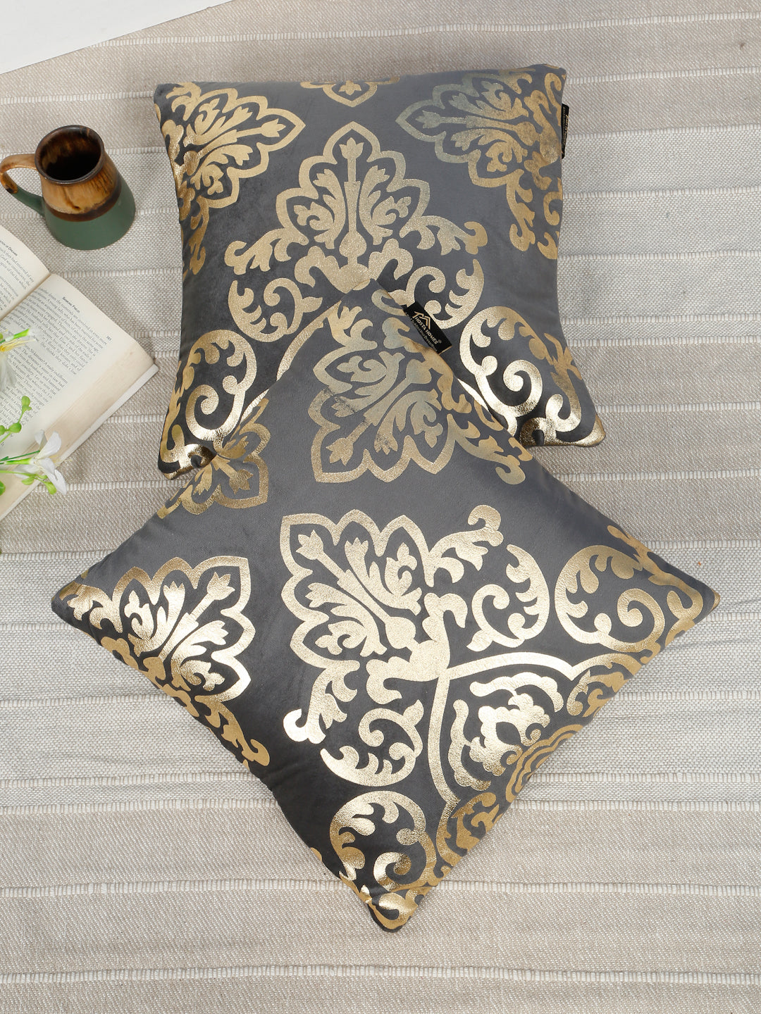 Floral Foil Printed Velvet Square Cushion Covers 16 X 16 INCHES