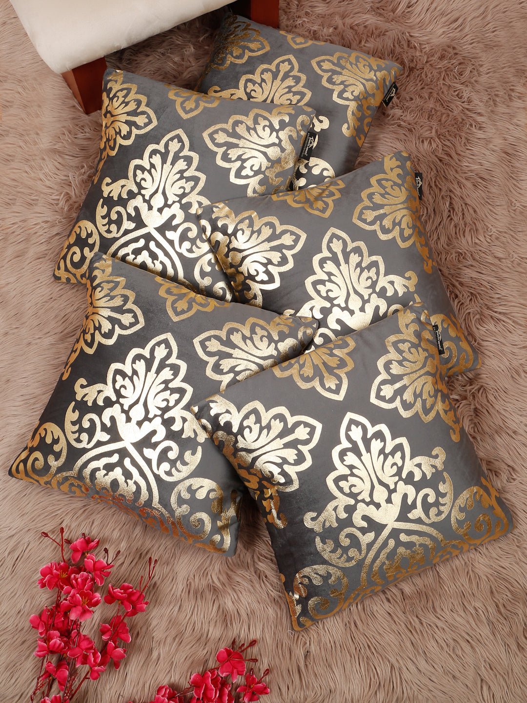 Floral Foil Printed Velvet Square Cushion Covers 16 X 16 INCHES