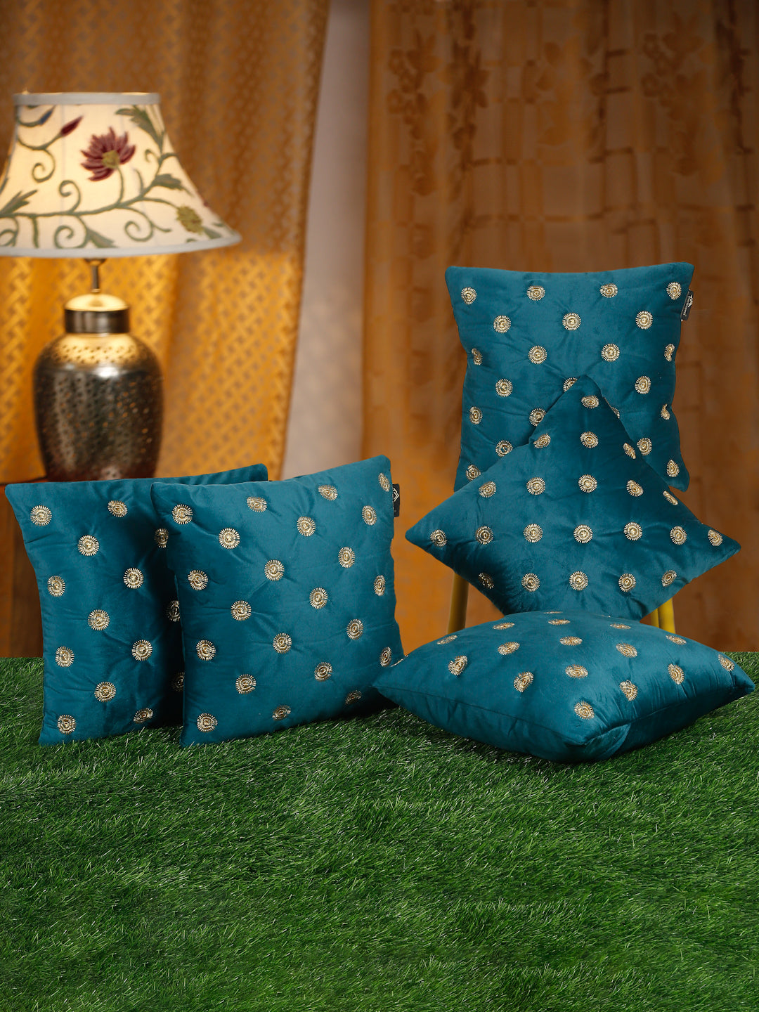 SOFT VELVET GEOMETRIC PATTERN EMBROIDRED CUSHION COVERS 16 X 16 INCH