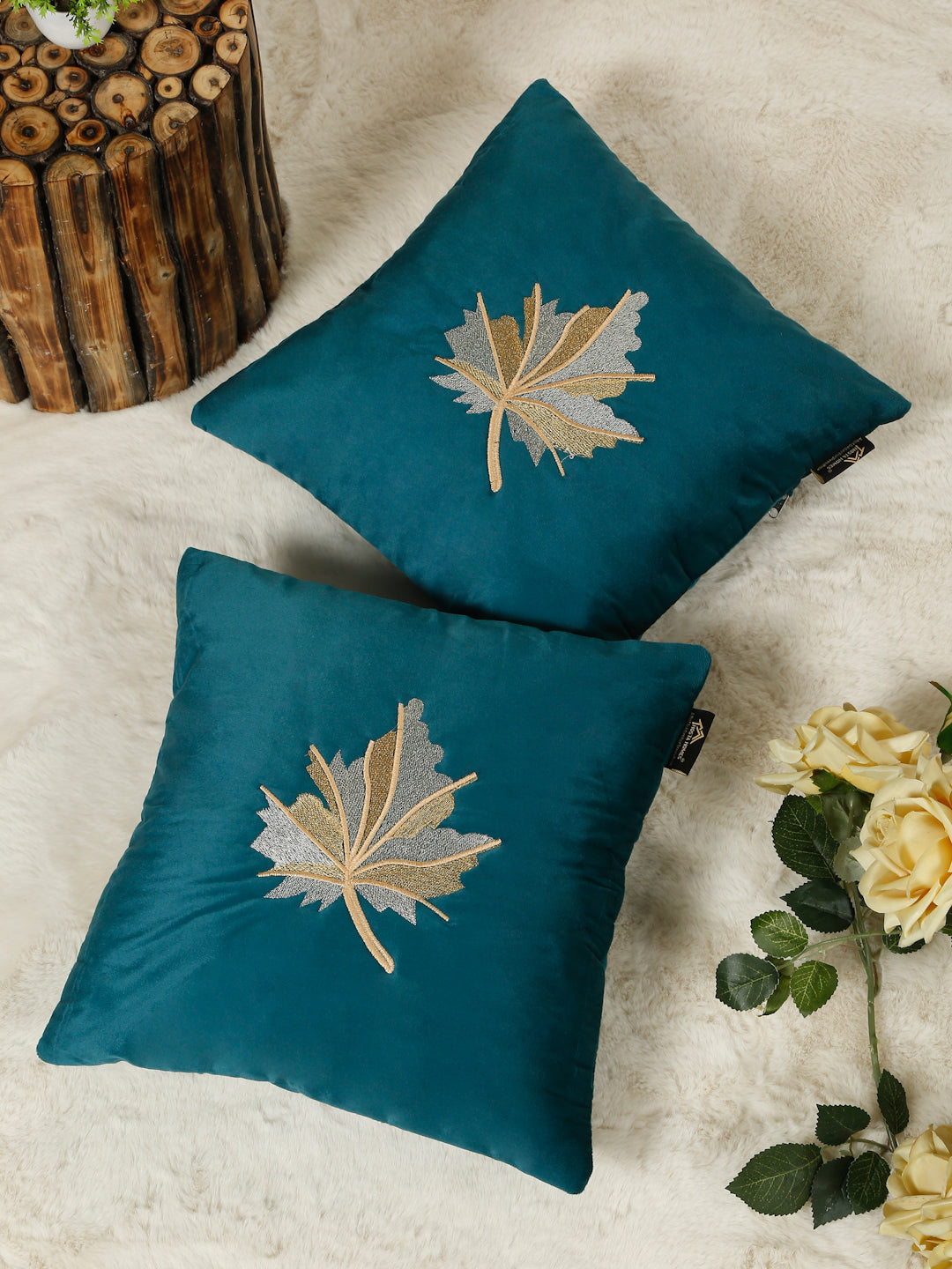 Soft Velvet Leaf Pattern embroidered cushion covers 16 x 16 inch