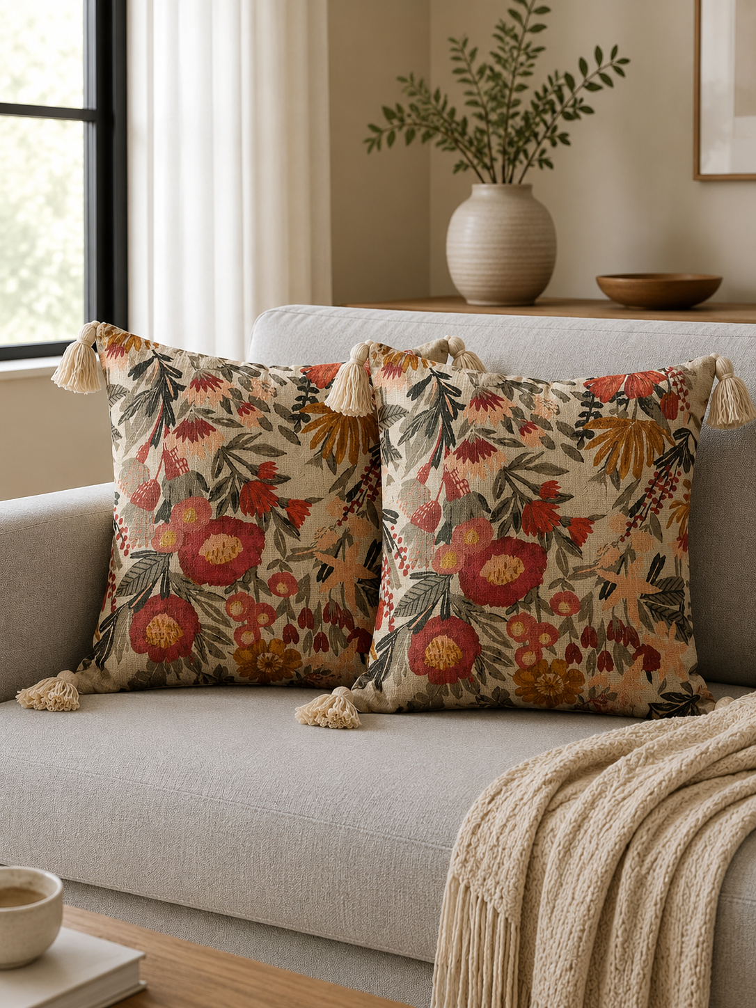 Pure Cotton Hand Block Printed Cushion Cover with Tassels | 16x16 Inch