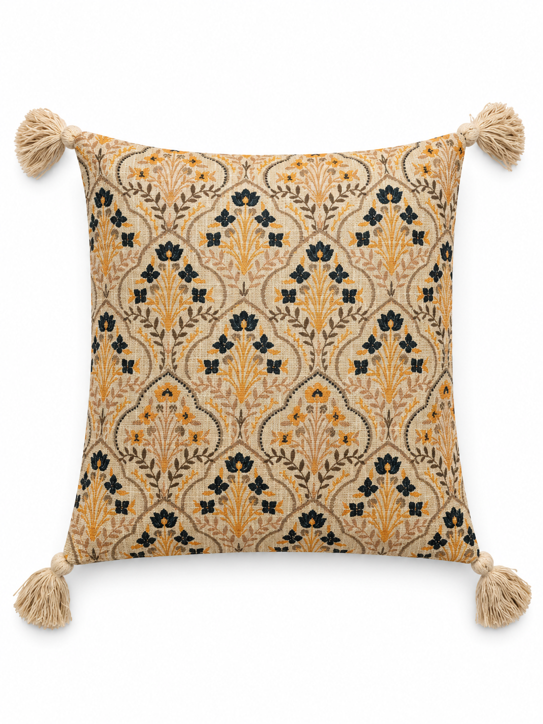 Pure Cotton Hand Block Printed Cushion Cover with Tassels | 16x16 Inch